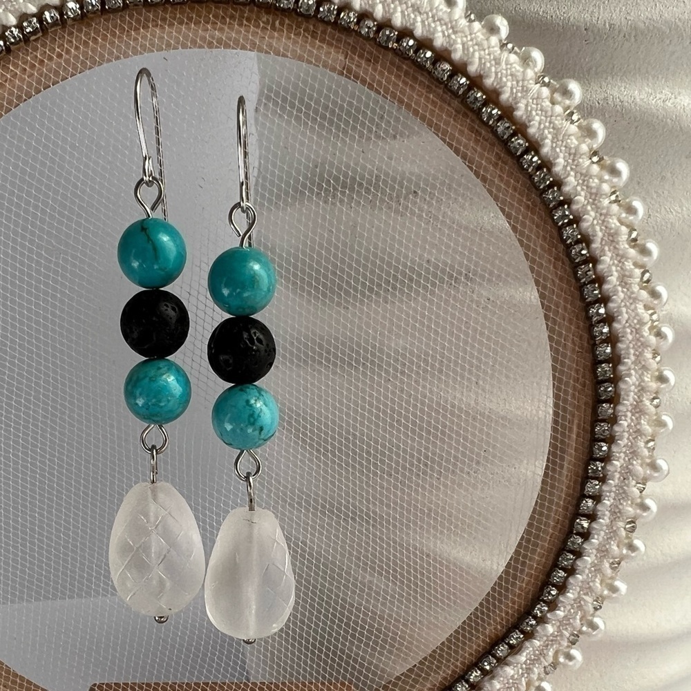 TURQUOISE & Lava Stone Beaded Stainless Steel Earrings